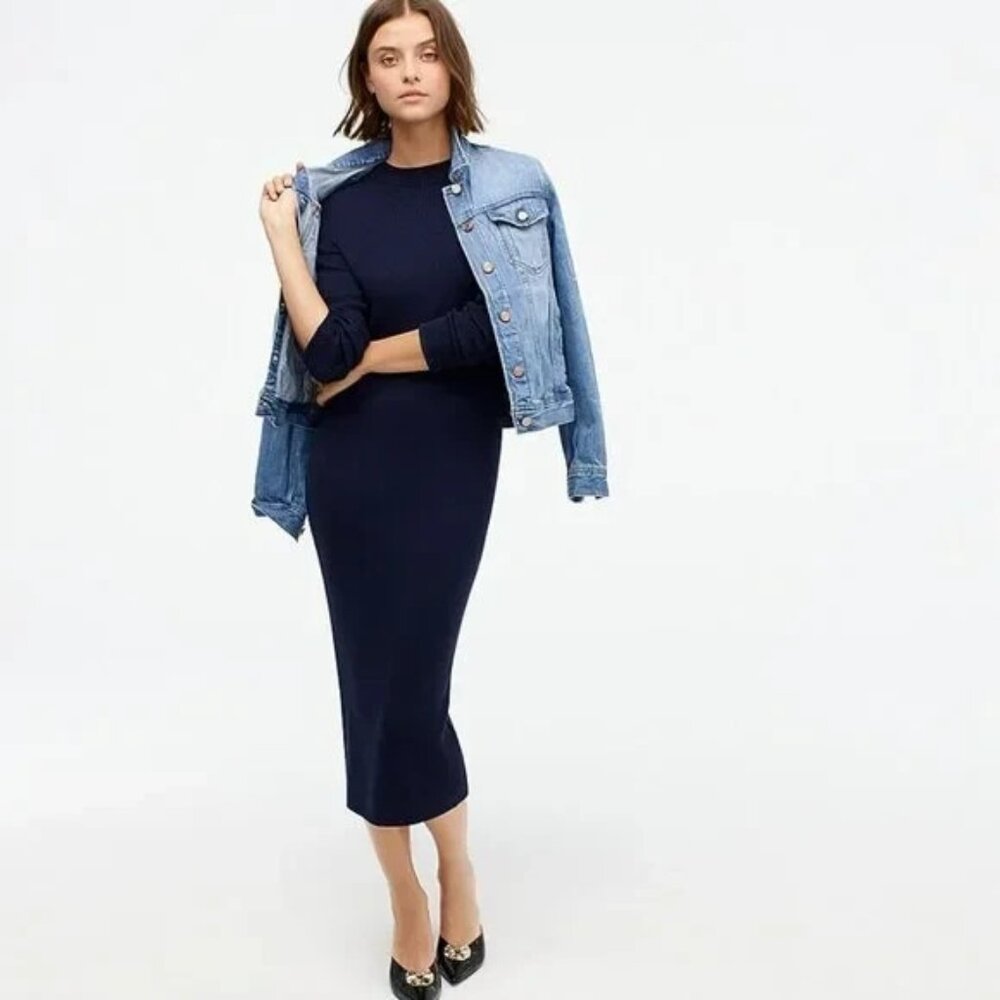 NWT J.Crew Long Sleeve Ribbed Knit Midi in Navy Blue Stretch Dress S - Picture 2 of 9